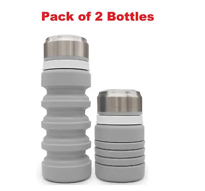 2 X Foldable Water Bottle Grey Collapsible Silicone Drink Outdoor Safe Non-Toxic • £9.99