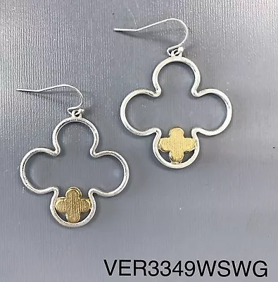 Matte Silver Tone Clover Cut Out Shape Gold Charm Drop Dangle Hook Earrings  • $7.29