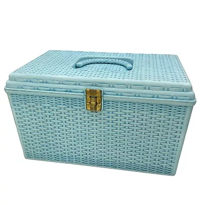 Large Vtg Blue Wil-Hold Plastic Basket Weave Sewing Box 2 Trays Handle Retro 14  • $32.99