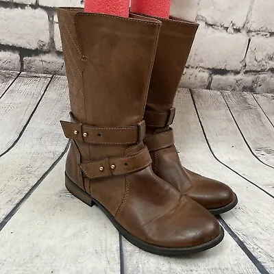 Bongo Riding Boots Women Sz 10M Adrian Heels Mid Calf Pull On Buckle Strap Brown • $35.86