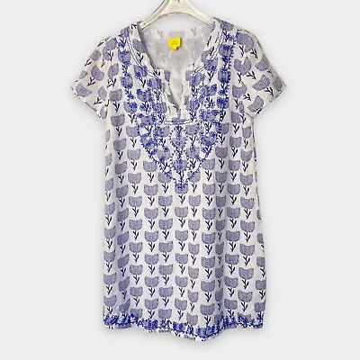 Roller Rabbit Dress Womens Small Linen Embroidered Boho Ethnic Tulip Block Print • £38.55