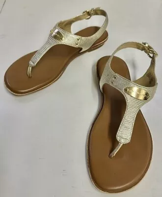 Michael Kors Gold Metallic Textured Sandals Flats W/ Gold Medallion Logo Size8.5 • $18