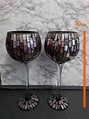 Pair 2x Large  Wine Shaped Multi Coloured Mosaic Votive Candle Holders 30cm High • £15