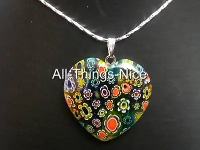 MILLEFIORI Murano Flower 30mm Love HEART Mix Colour Pendant Necklace Jewellery • £4.50