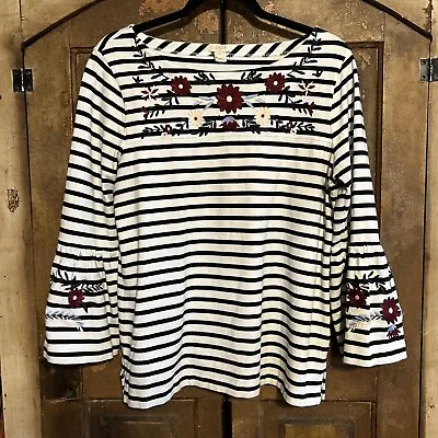 J. Crew Striped Embroidered Knit Shirt Blouse Top Bell Sleeves Size Medium • $9.99