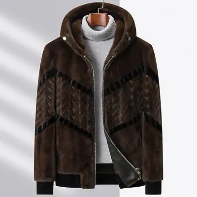 Hooded Mink Men's Coat Winter Short Thickened Warm Fur Coat Loose Outdoor Jacket • $108.01