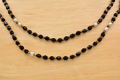 Miriam Haskell Black Beaded Necklace 42  Crystal Strand Gold Tone NOS 80s Bin7A • $83.96