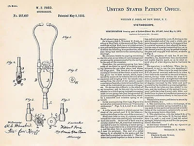 Vintage Gifts For Nurses Doctors 1882 Ford Scope 1st Stethoscope Patent Print • $13.95