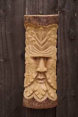 £14.95 • Buy Green Man Wood Log Carving Plaque Wall Hanging Garden Decor Hand Carved 30cm