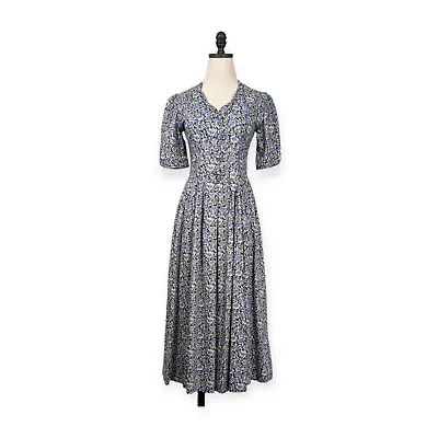 Vintage Laura Ashley Midi Maxi Dress Floral Short Sleeve Cottagecore Blue US 6 • £111.96