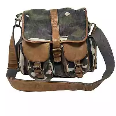 Fossil World Wide Camo Print Canvas And Leather Messenger Travel Bag Rare • $74