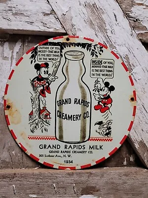 Vintage Grand Rapids Creamery Porcelain Sign Dairy Farm Milk Disney Mickey Mouse • $210.42