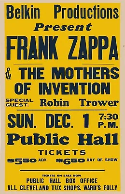 Frank Zappa 60's Cleveland Public Hall Concert Poster 11 X 17 Framed • $21.99
