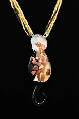 Vintage Murano Glass Cat Necklace Beaded Dichroic Fattura Black Gold Signed BinR • $63.96