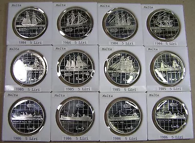 Malta Lot 12 Diff .925 Silver Crown Size Coins PROOF 5 Liri 1984-1986 Ships • $533.34
