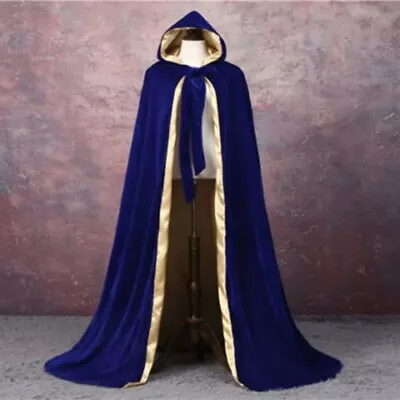 Wine Red Black Velvet Hooded Cloak Wedding Cape Halloween Wicca Robe Coat • $66.59