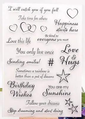 CSS: 13 Mixed Greetings Birthday Wishes Love Hugs Hearts & Stars Clear Stamps • £4.99