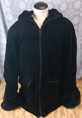 Vintage WHITE STAG Jacket Sz XL Black Velvet Faux Fur Coat Full Zip Quilted Hood • $29.97