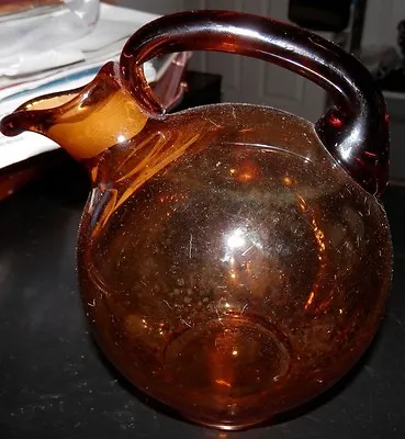 Vintage Art Deco Farber Bros. Cambridge Amber Glass Tilt Ball Pitcher Decanter • $20