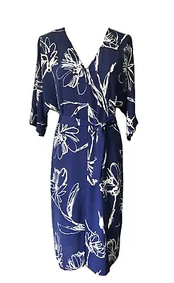 Veronika Maine 14 Dress By Cue Shift V Neck Half Sleeve Blue White Floral Belt • $20