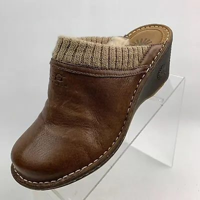 UGG Australia Gael Mules Clogs Chestnut Leather Wedge Rib Knit SN/1937 Size US9 • $59.95