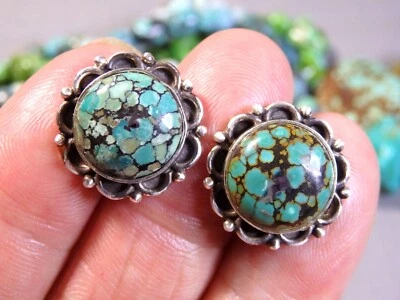 $5.50 • Buy Handmade Old Natural HUBEI TURQUOISE Sterling Silver Post EARRINGS  🖐️😍