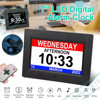 7  Digital Alarm Clock LCD Calendar Day Datetime Memory Loss Dementia Elderly • £28