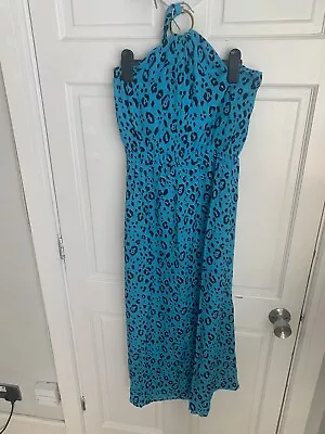 Sosander Long Halter Neck Dress With Hoop Detail Green Leopard Design Size 12 • £9.99