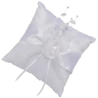  Wedding Ring Pillow Cushion Bridal Pearl Flower Ribbon Decorated Ring Bearer • £10.94