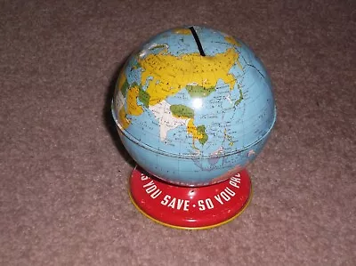 VTG Ohio Art Tin Metal Litho Earth Globe World Coin Piggy Savings Still Bank... • $12