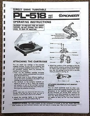 Pioneer PL-518 Turntable Owners Manual • $11.25