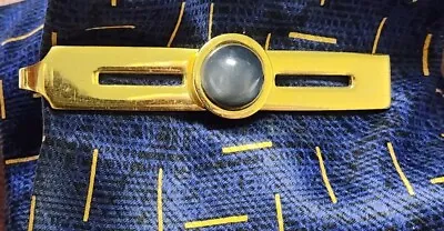 Vintage Gold Tone TIE BAR CLIP CLASP STAY Hefty Chunky W/ Blue Gray Cabochon • $11.99