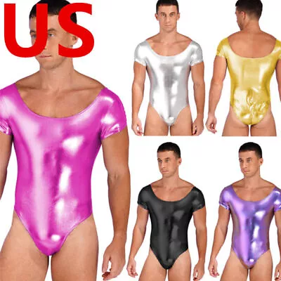 US Mens Bodysuits Leather Scoop Neck Thong Holographic Leotard Jumpsuit Clubwear • $3.21