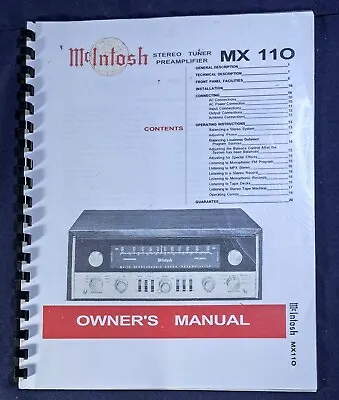 McIntosh MX110 Stereo Tuner Preamplifier Owners Manual • $19.50