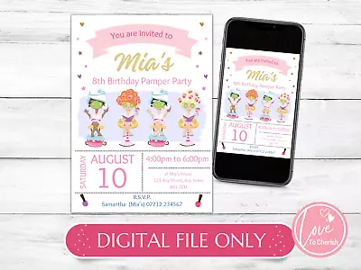 DIGITAL Spa Day Girls PERSONALISED Birthday Party Invitations - Pamper Invites • £4.95