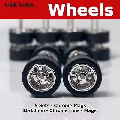 5 Sets - 10mm/10mm Chrome Mag Rims 5 Spoke Blackwall Tire Set. For Hot Wheels • $17.49