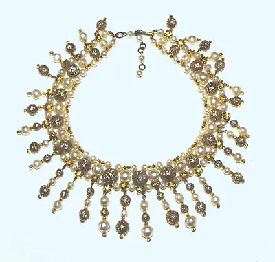 Statement EARLY MIRIAM HASKELL Fringe FAUX PEARL Bibb ANTIQUE NECKLACE • $225