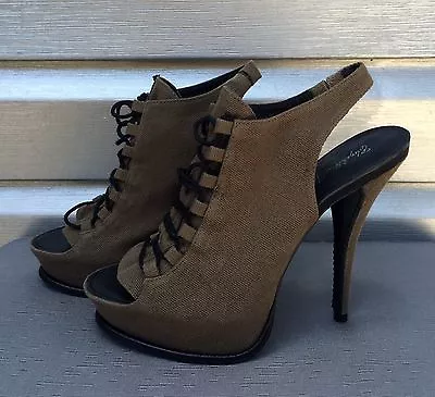 ELIZABETH AND JAMES Army Green Canvas Lace Up Platform Open Toe Bootie Heels • $135