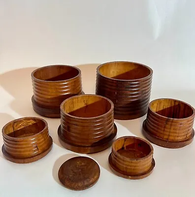 ANTIQUE CARVED FRUITWOOD WOOD NESTING TREENWARE ROUND LIDDED BOXES BOWLS England • $45
