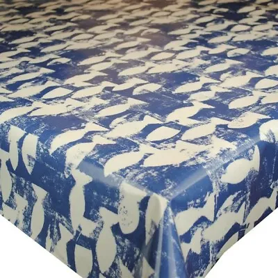 £7.99 • Buy Shoal Fish Indigo Blue Cotton PVC WIPE CLEAN Tablecloth Oilcloth
