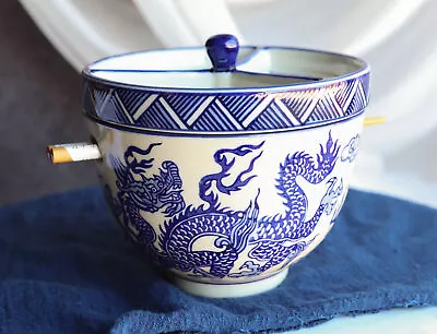 Blue White Dragon Ramen Bowl With Tempura Divider Condiment Lid Chopsticks Set • $28.99