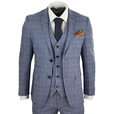 Mens Blue 3 Piece Suit Vintage Navy Tan Check Tailored Fit Classic Gatsby 1920s • $240.49
