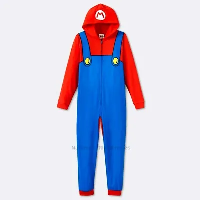 SUPER MARIO Pajamas Boys Size 4 - 10 One Piece Union Suit Costume Hoodie NEW NWT • $33.50