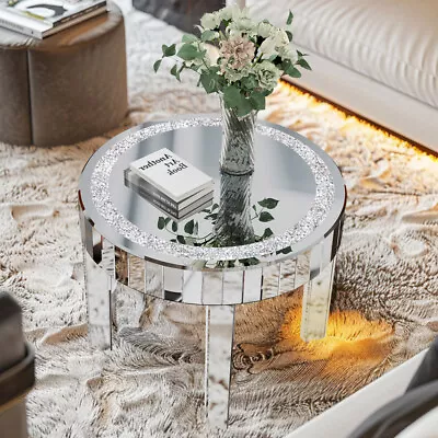 Elegant Round Mirrored Coffee Table With Crystal Inlay Bling Silver Accent Table • £129.92