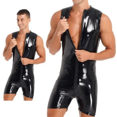 Men's Wet Look PVC Leather Bodysuit Catsuit Sleeveless Zipper Front Jumpsuit • £32.03