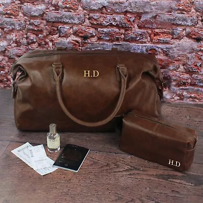 Large Personalised Men’s Weekend Bag & Wash Bag Set Black Tan Brown PU Leather • £16.99