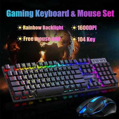 $19.69 • Buy Rainbow Backlight Usb Ergonomic Gaming Keyboard + Mouse + Pad Set For PC Laptop