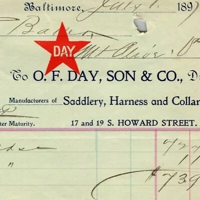 1897 Letterhead Billhead O.F. Day Son Saddlery Baltimore - Ephraim Baker*  • $22.99