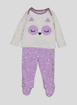 NEW Tu Baby Girls 0-3 Months Owl Pyjamas PJs Long Sleeve Top Trousers With Feet • £5.99