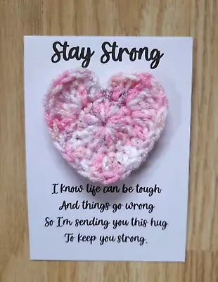 POCKET HUG HANDMADE CROCHET PINK HEART STAY STRONG KEEPSAKE Gift *FREE POST*** • £3